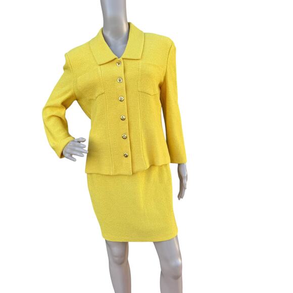 St. John 8 Skirt Suit Yellow Tweed Knit Gold Turn-Lock Jacket Pencil Mini Set - Picture 13 of 16